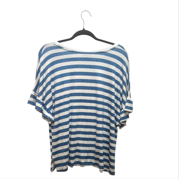 NWOT LuLaRoe LeeAnn Ruffle Sleeve Top Blue White Stripes Size M Nautical Summer - Picture 3 of 5